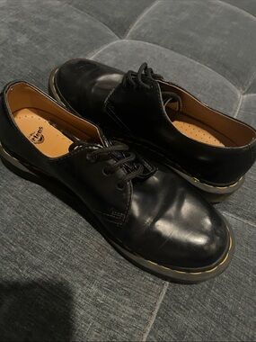 Dr. Martens Black Leather Derby Shoes with Yellow Stitching